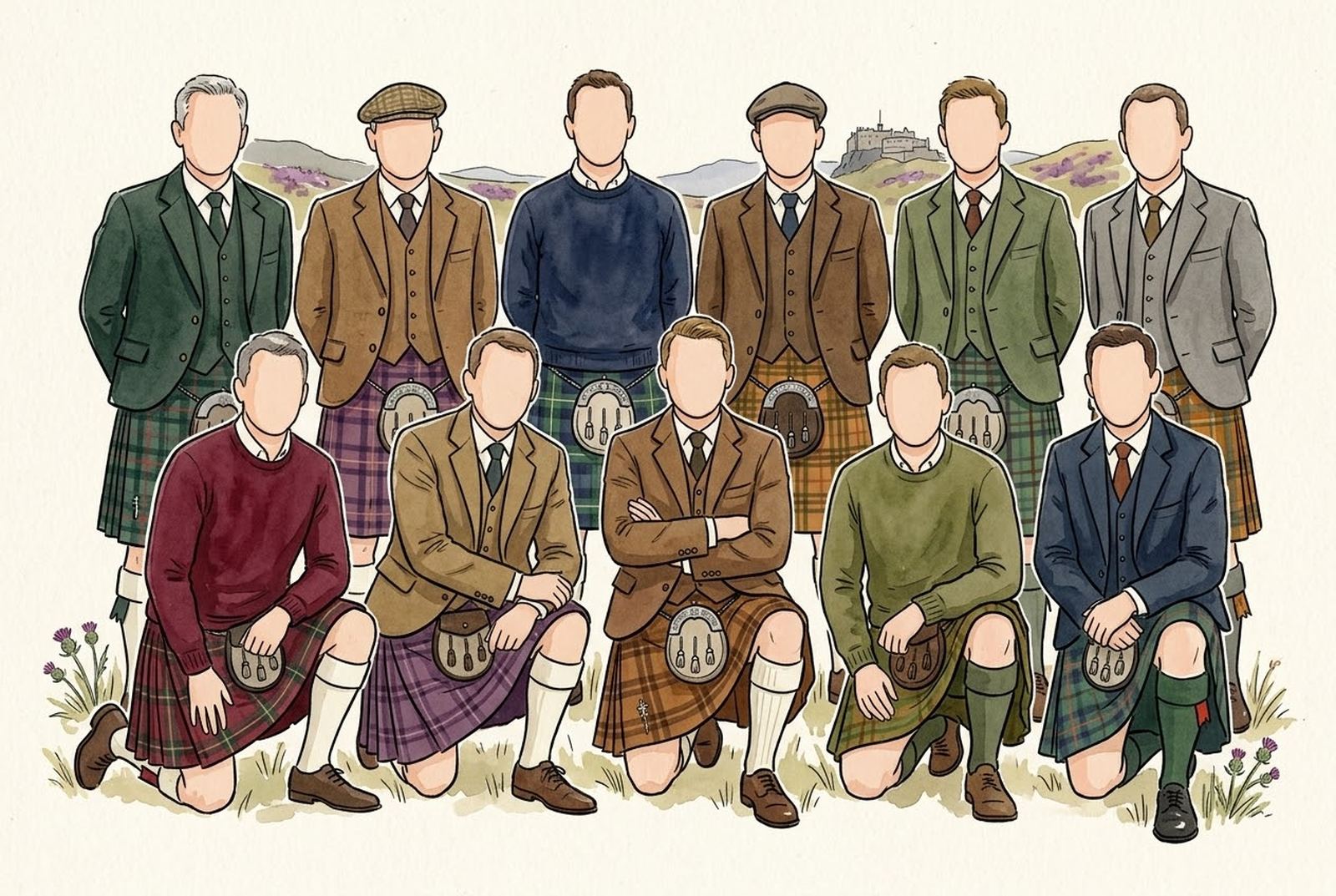 Aquarel: elf mannen in kilt op een heuvel bij Edinburgh