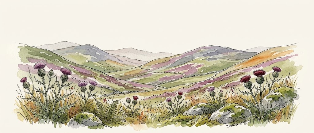Aquarel van Schotse heuvels met distels en heide