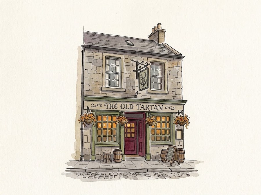Aquarel van een Schots pubpand met het bord The Old Tartan