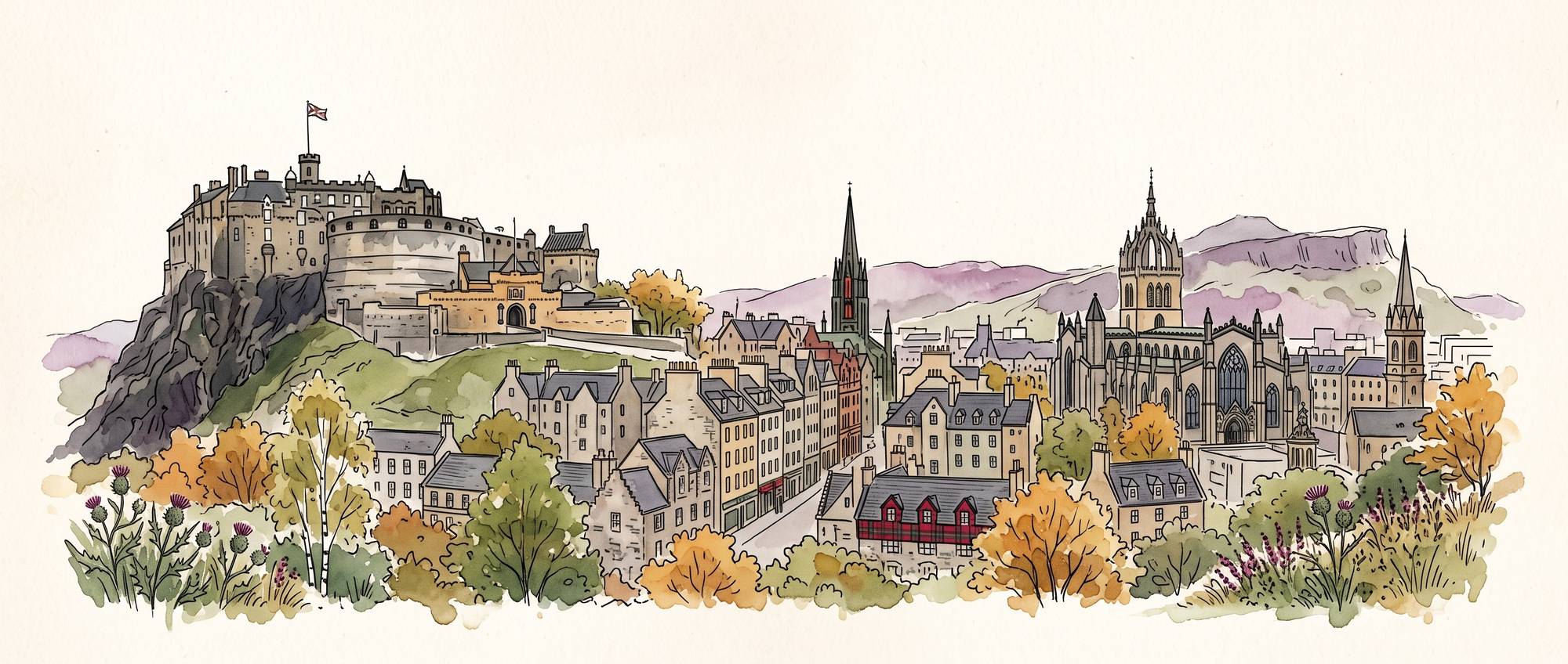 Aquarel van de skyline van Edinburgh met het kasteel op de rots
