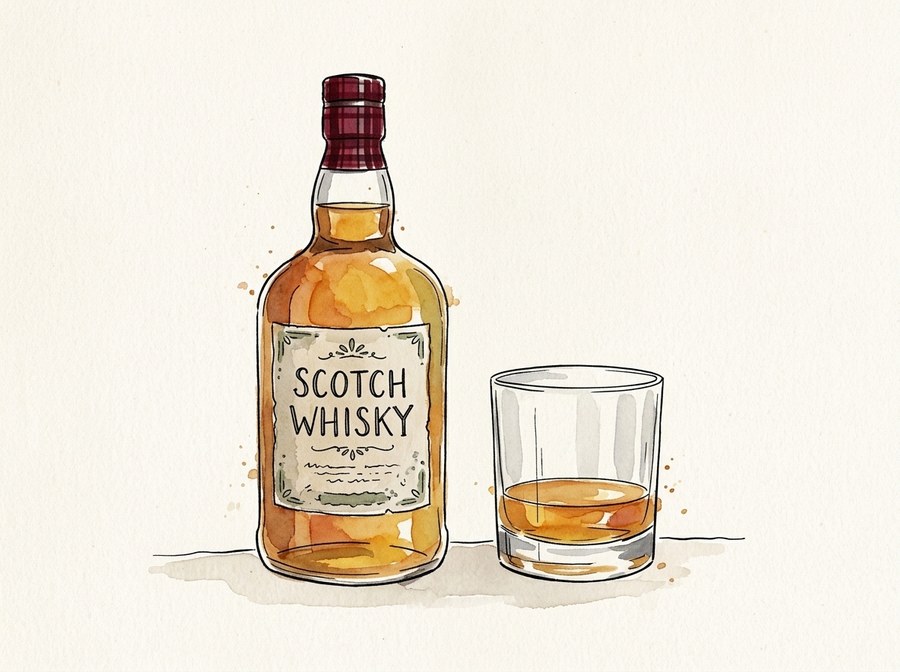 Aquarel van een fles Scotch whisky met een glas